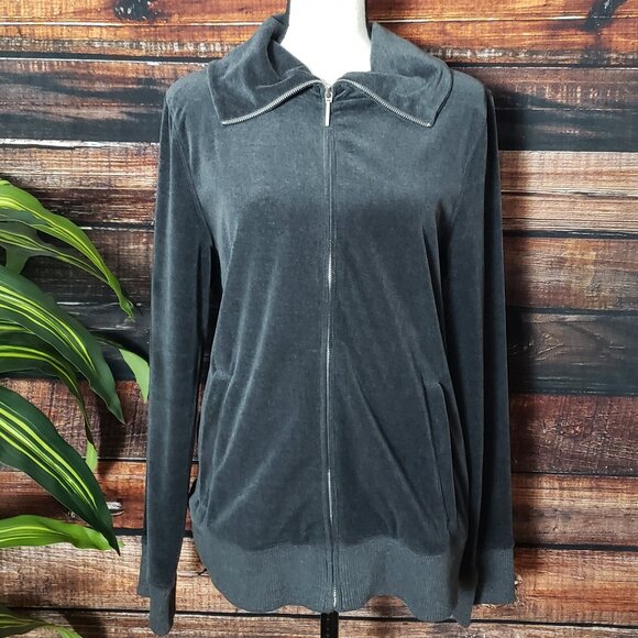 Jones New York Sport Velour Jacket Sweatshirt Large Gray Full Zip Pockets - Picture 6 of 12